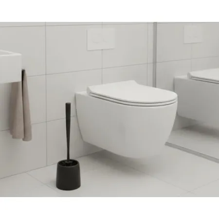 szczotka toaletowa czarna, szczotka WC stojąca, zestaw WC z pojemnikiem, szczotka do toalety nowoczesna, akcesoria łazienkowe czarne, szczotka do WC